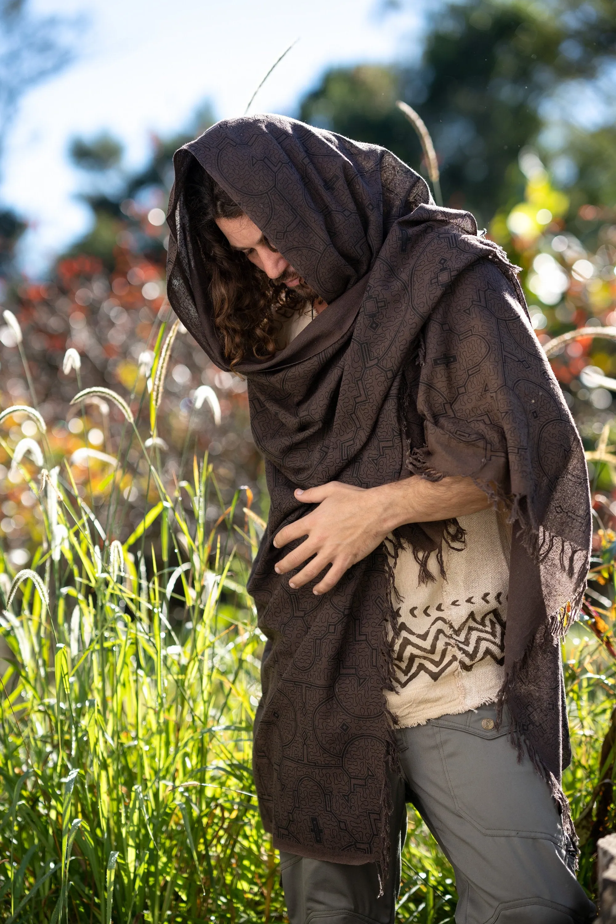 SHIPIBO Cotton Scarf Shawl Brown Sacred Pattern Festival Ritual Ceremony Shamanic Natural Ethnic Gypsy Boho Sarong Wrap Rave Shaman AJJAYA