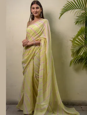 Summer Breeze - Lehariya, Soft Mul & Gota Saree - Lime & Peach (With Blouse Piece)