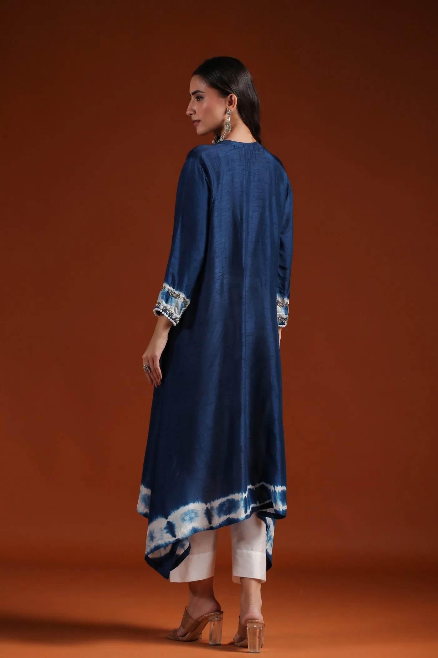 Teal Blue Tie Dyed Embellished Kurta & Pant