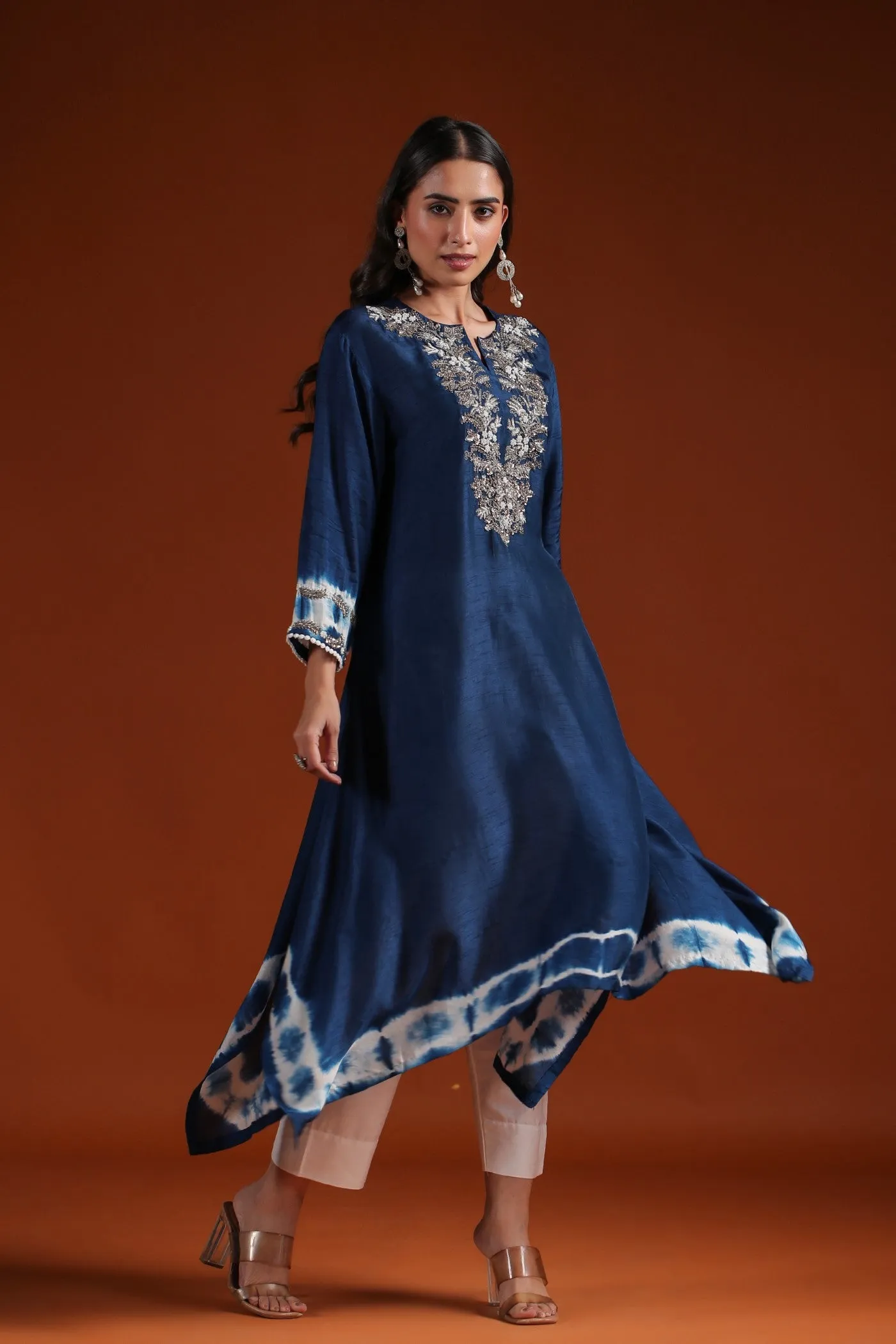 Teal Blue Tie Dyed Embellished Kurta & Pant