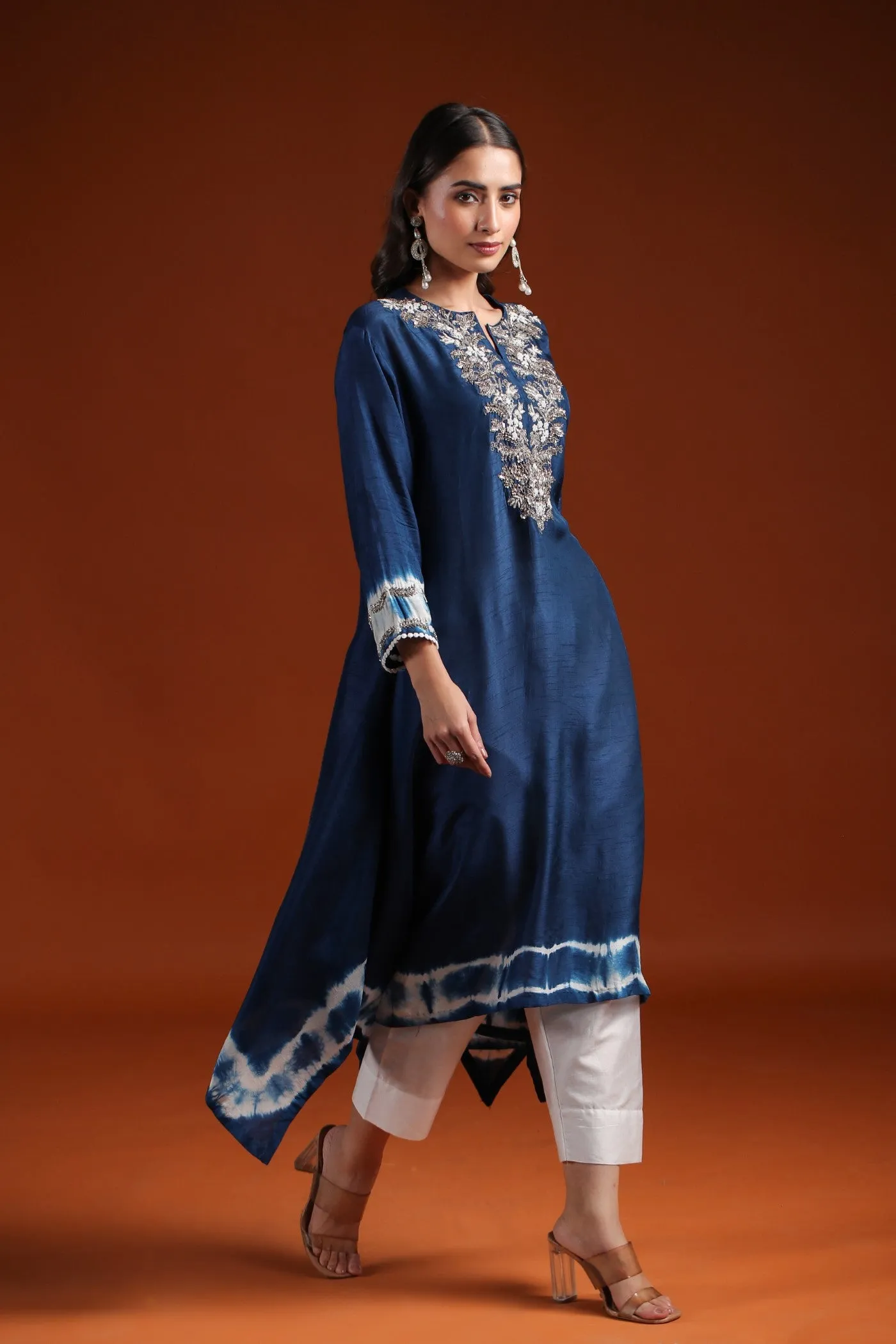 Teal Blue Tie Dyed Embellished Kurta & Pant