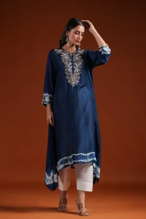 Teal Blue Tie Dyed Embellished Kurta & Pant