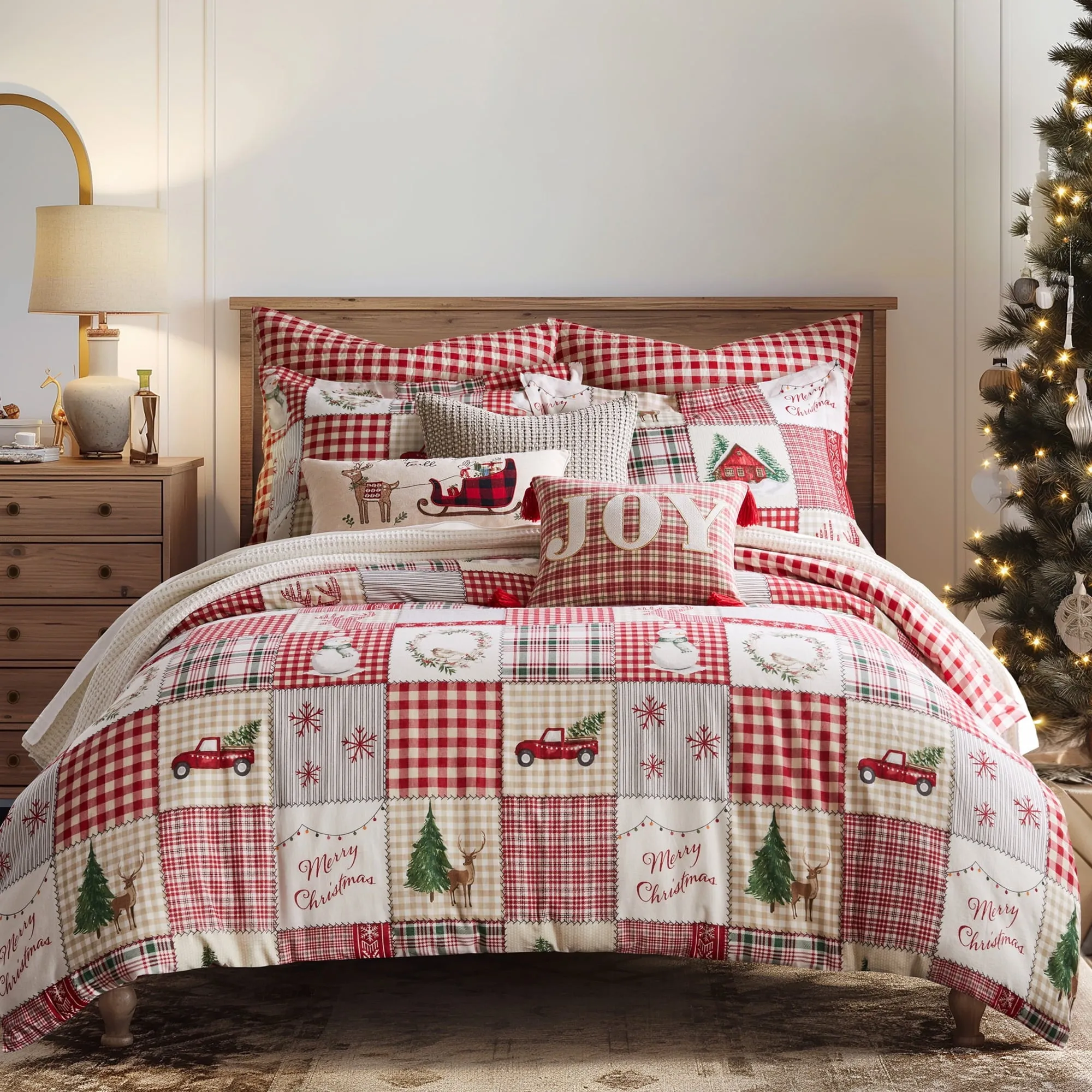 timeless Home For Christmas Quilt Set - Full/Queen Quilt and Two Standard Shams - Green, Red, Taupe and Cream - Quilt (88x92in.) and Shams (20x26in.) - Reversible - Cotton/Polyester Duvet - King Duvet - King