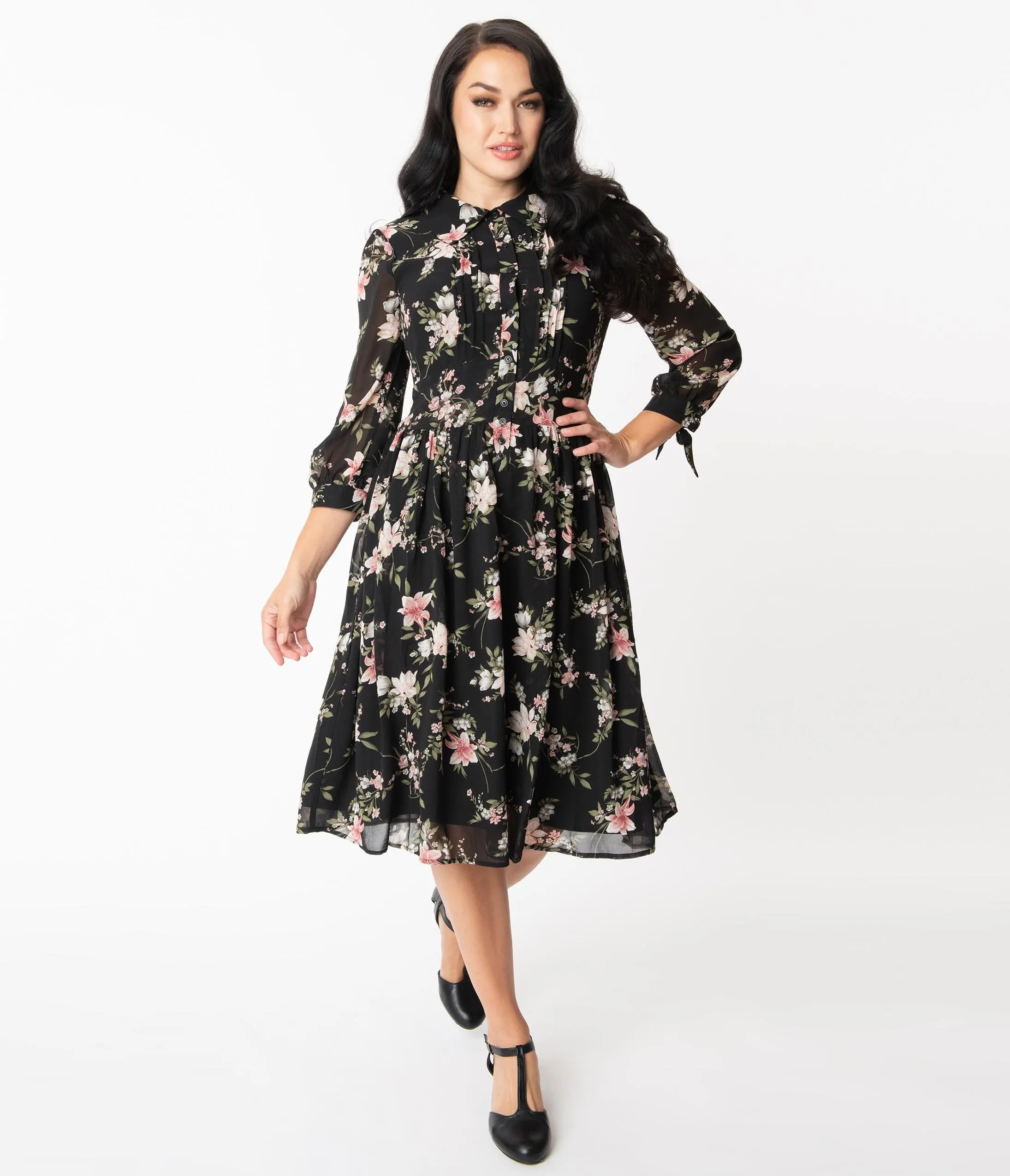 Unique Vintage Black & Light Pink Floral Print Meredith Swing Dress