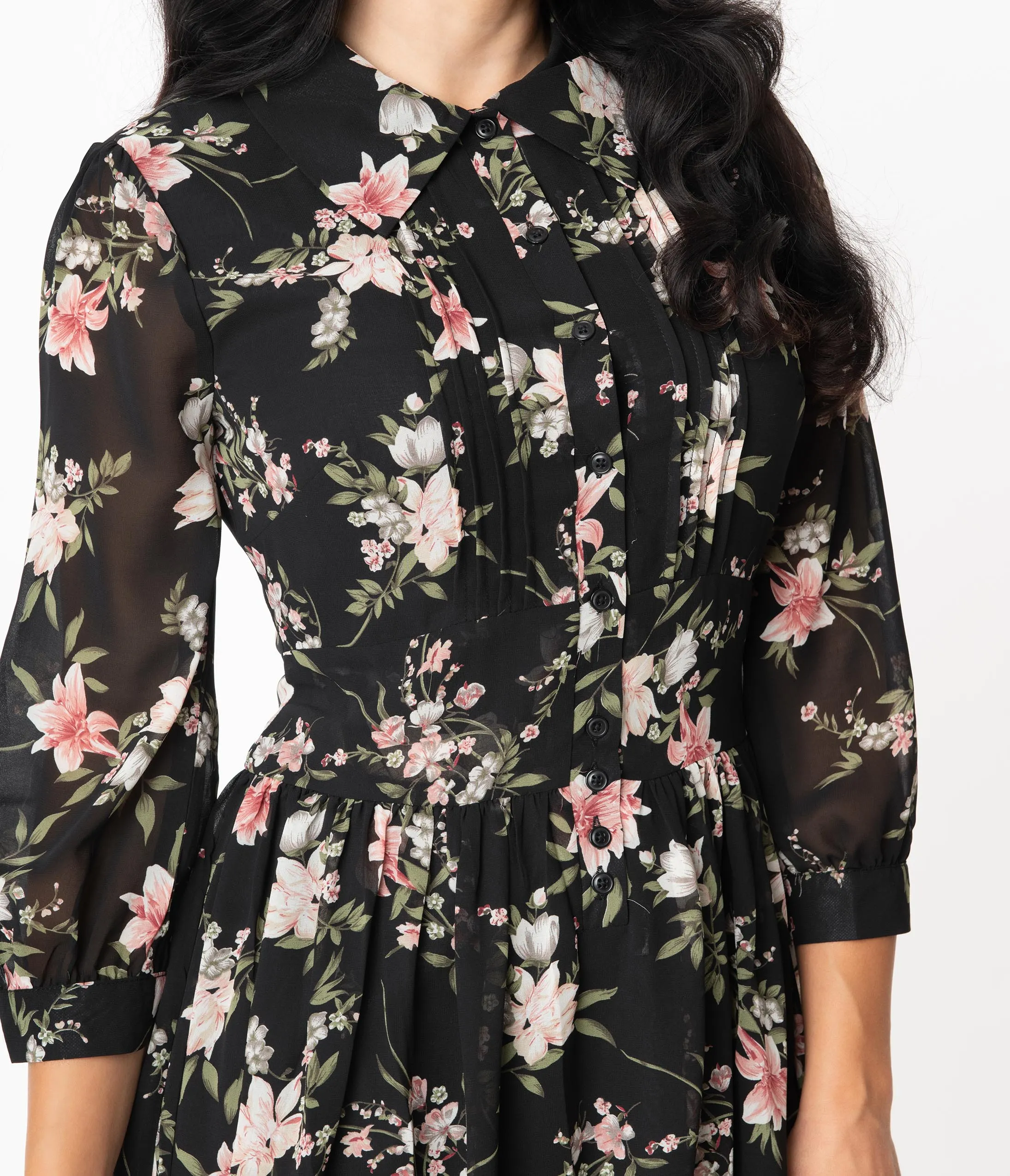 Unique Vintage Black & Light Pink Floral Print Meredith Swing Dress