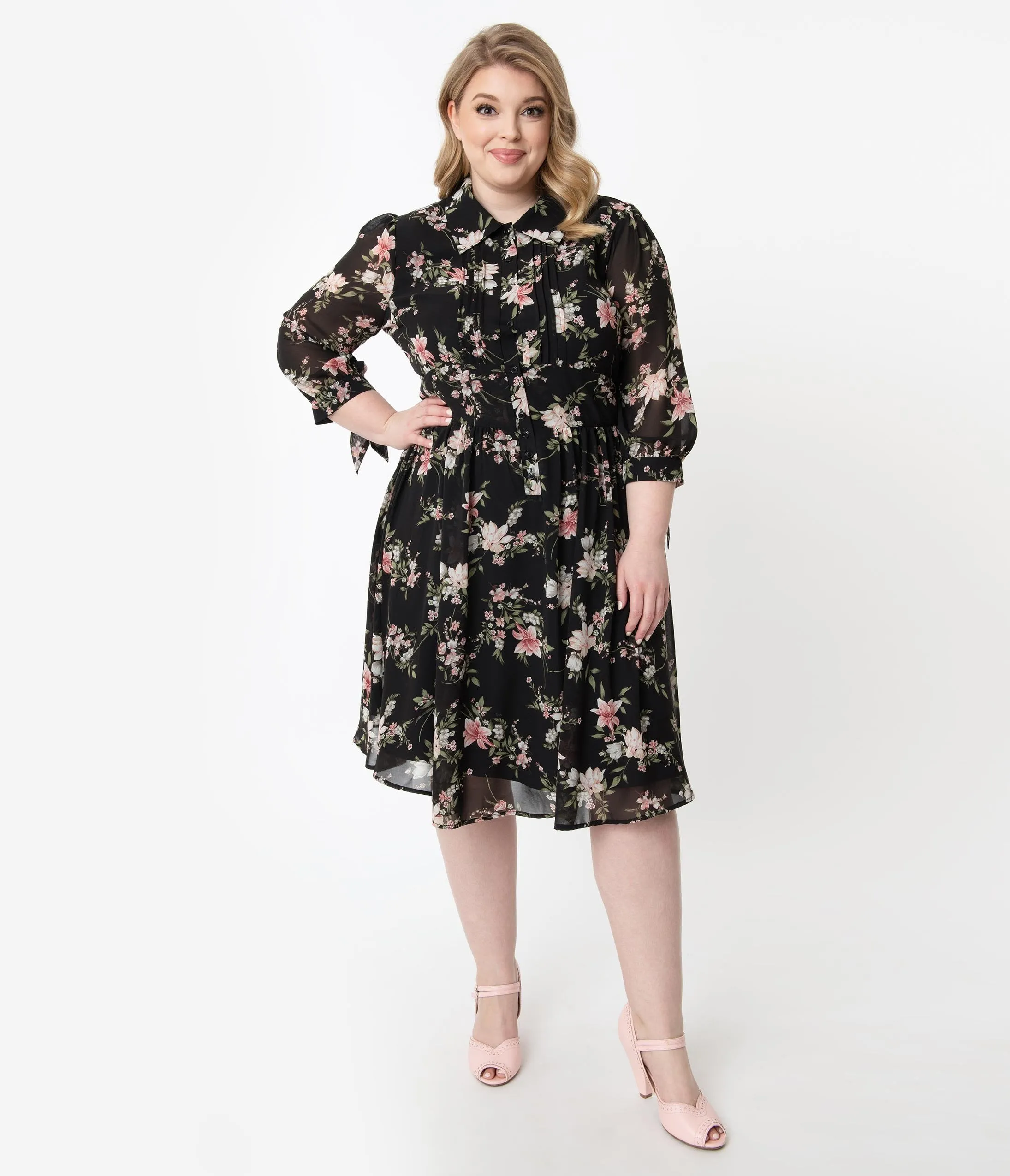 Unique Vintage Black & Light Pink Floral Print Meredith Swing Dress