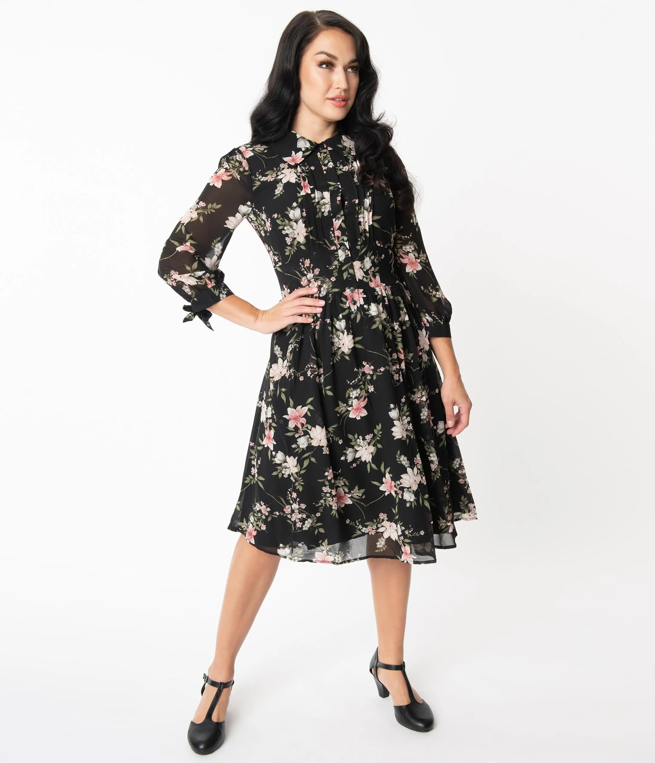 Unique Vintage Black & Light Pink Floral Print Meredith Swing Dress