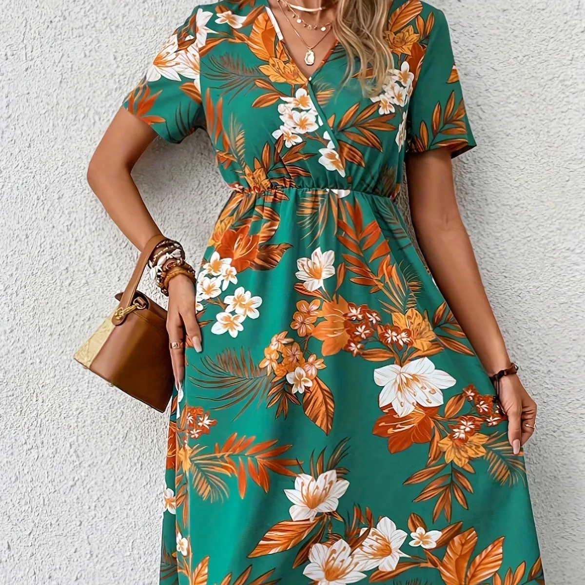 V-neck Short Sleeve Printed Midi Dress