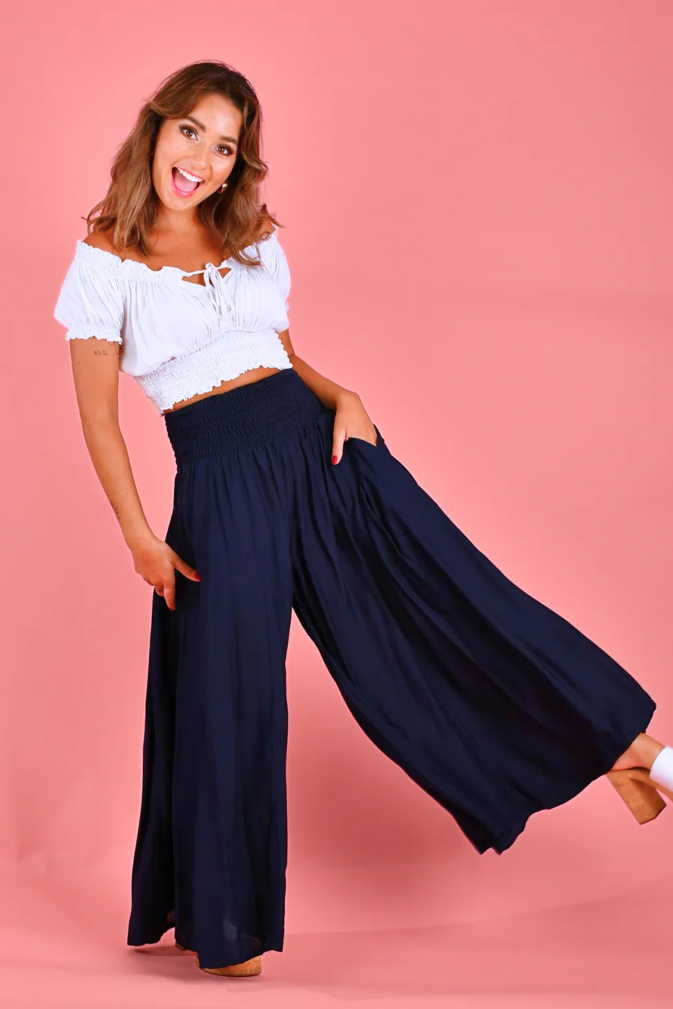 VBLP206 - FREMANTLE ROUCHED WIDE LEG PANT - NAVY