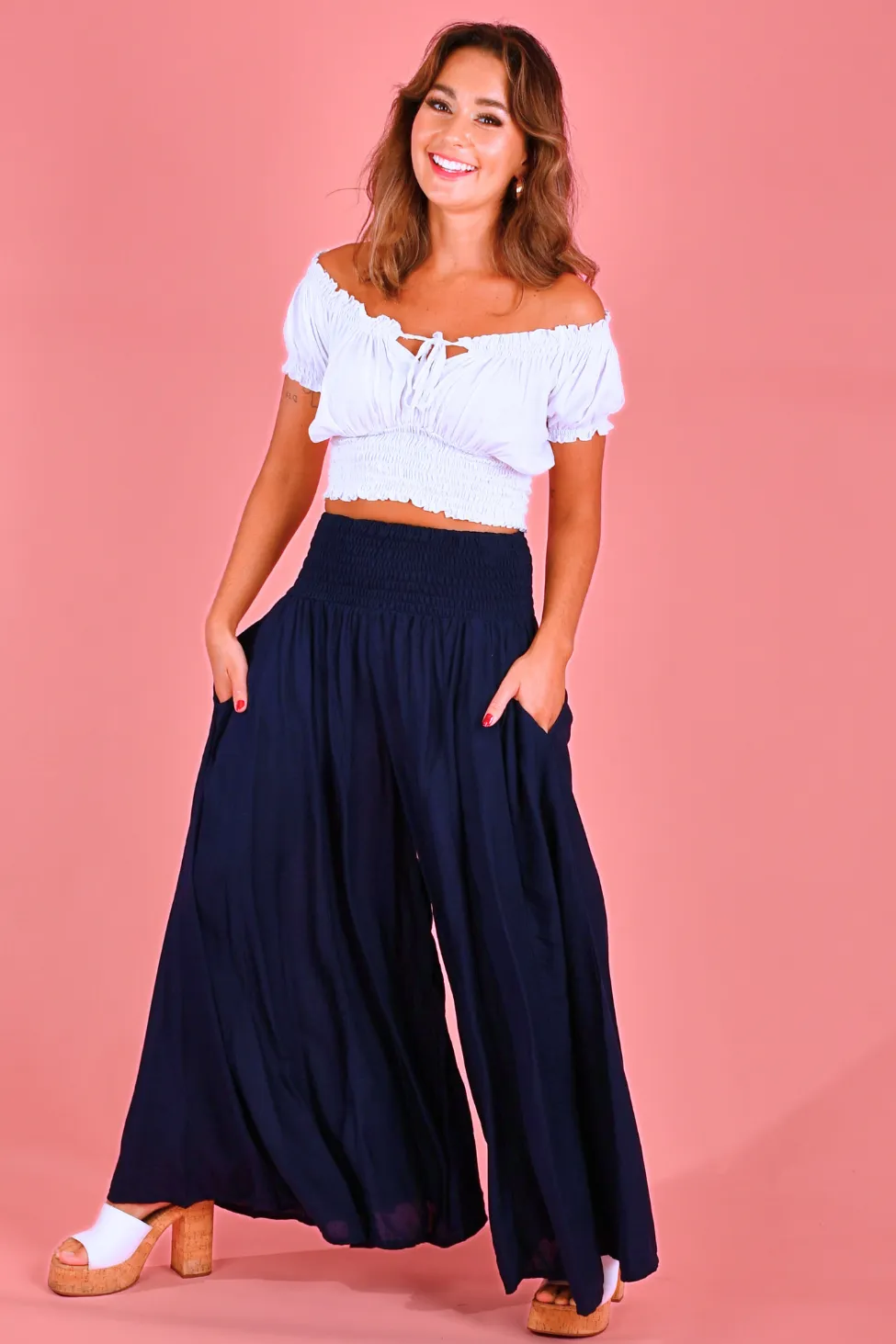 VBLP206 - FREMANTLE ROUCHED WIDE LEG PANT - NAVY