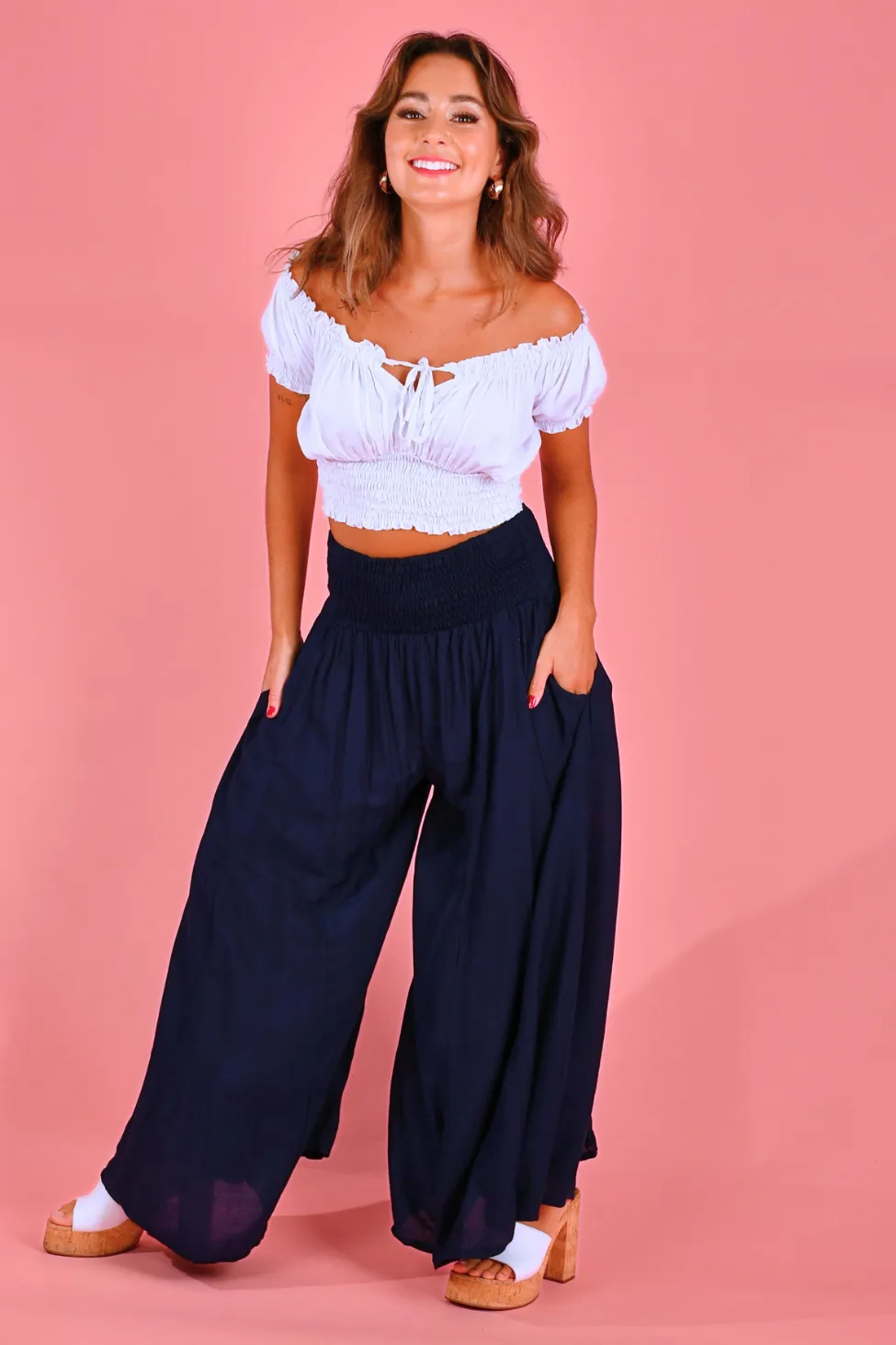 VBLP206 - FREMANTLE ROUCHED WIDE LEG PANT - NAVY