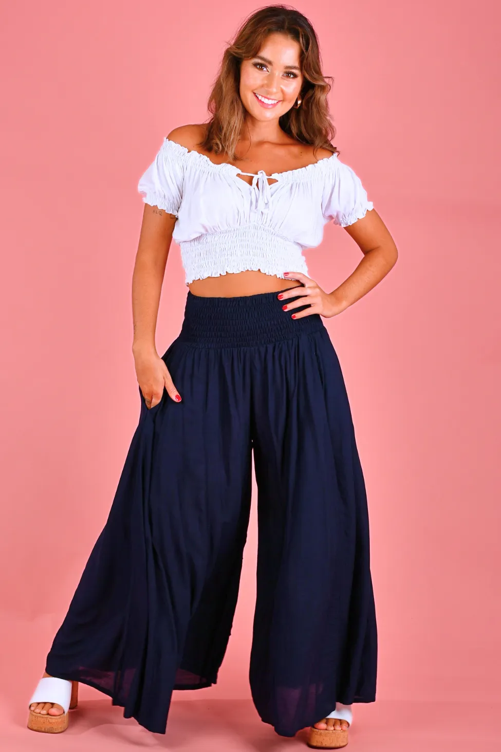 VBLP206 - FREMANTLE ROUCHED WIDE LEG PANT - NAVY