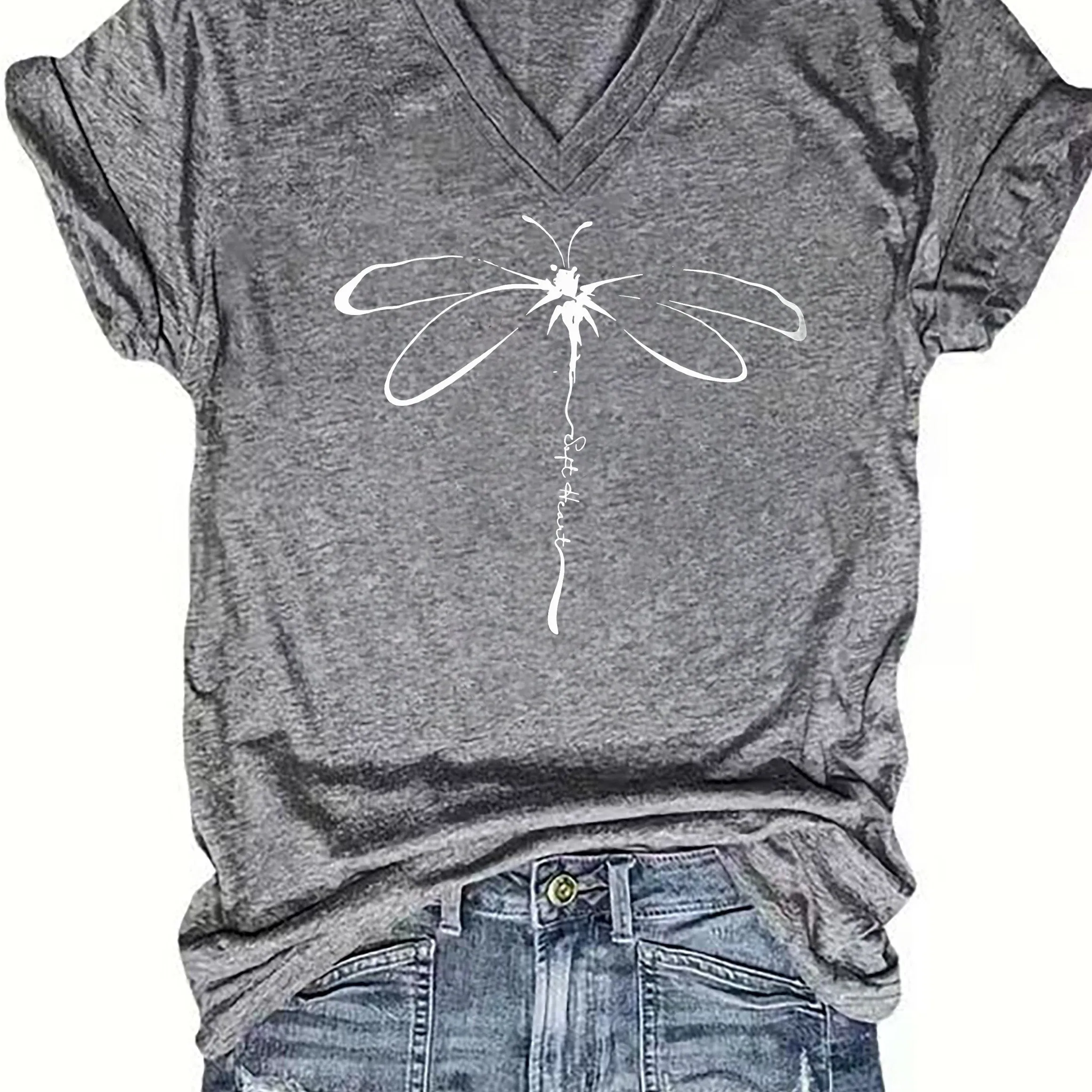 Vibrant Dragonfly Geometric Print V-Neck T-Shirt - Soft Mid-Elasticity Polyester Knit Fabric, Casual Short Sleeve, Regular Length, Positioning Printing, Perfect for Spring & Summer, Womens Casual Wear