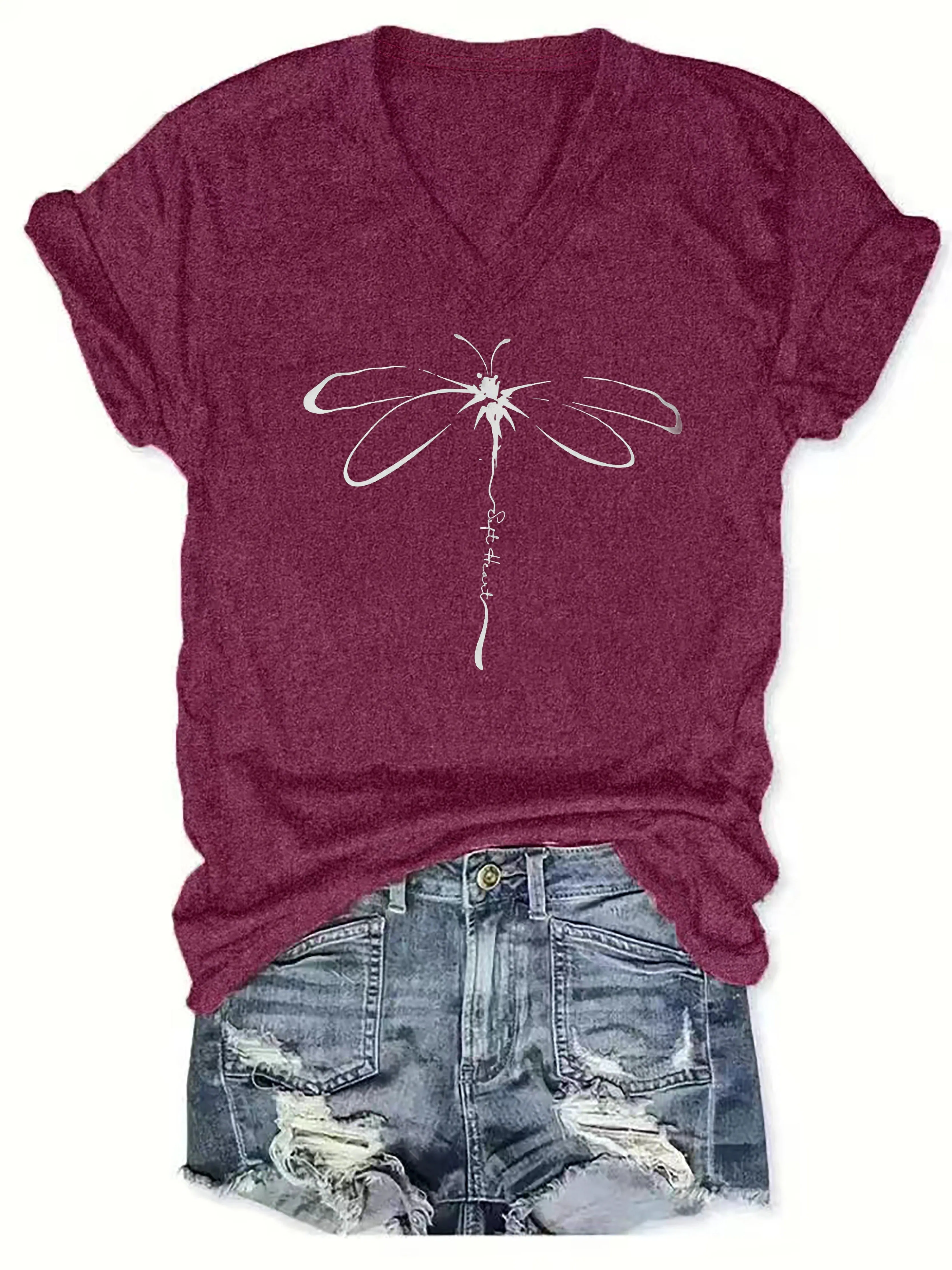 Vibrant Dragonfly Geometric Print V-Neck T-Shirt - Soft Mid-Elasticity Polyester Knit Fabric, Casual Short Sleeve, Regular Length, Positioning Printing, Perfect for Spring & Summer, Womens Casual Wear