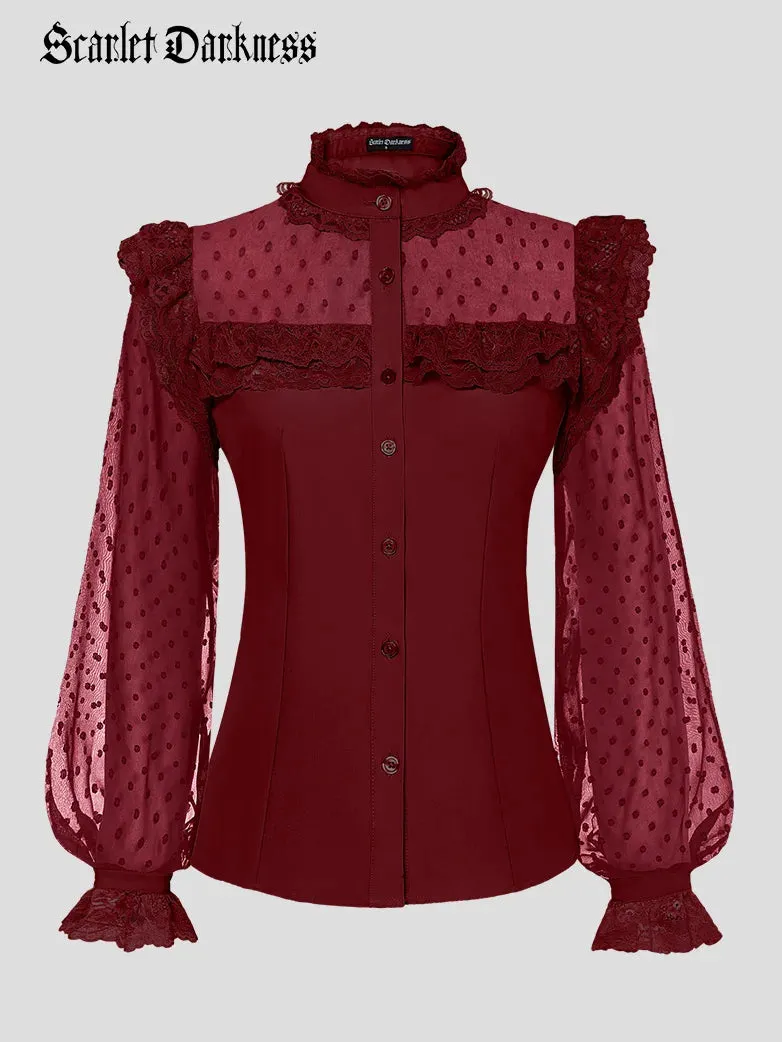 Victorian Gothic Mesh Patchwork Stand Collar Lace Tops