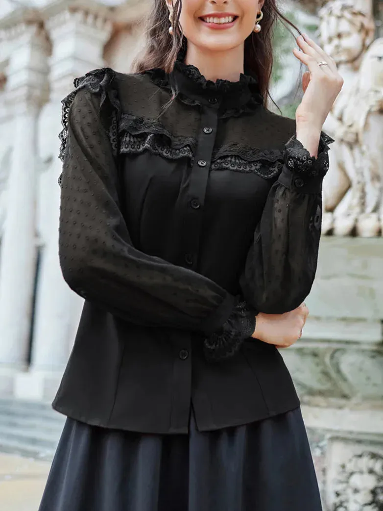 Victorian Gothic Mesh Patchwork Stand Collar Lace Tops