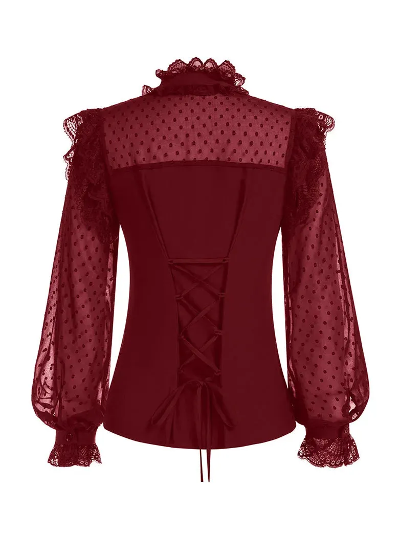 Victorian Gothic Mesh Patchwork Stand Collar Lace Tops