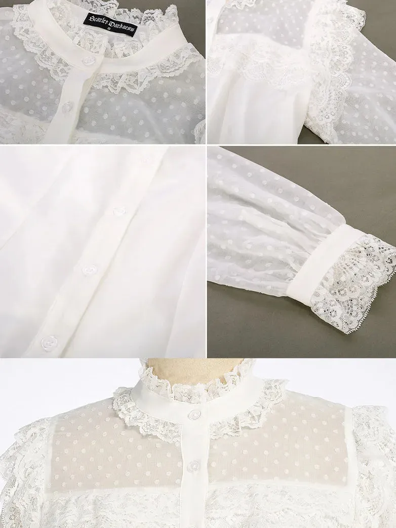 Victorian Gothic Mesh Patchwork Stand Collar Lace Tops