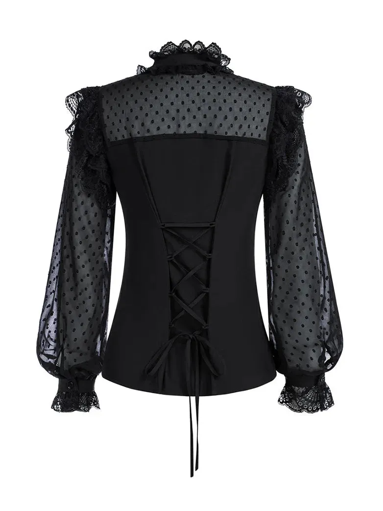 Victorian Gothic Mesh Patchwork Stand Collar Lace Tops