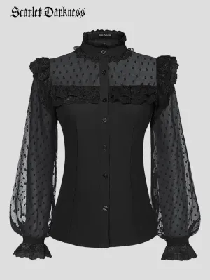 Victorian Gothic Mesh Patchwork Stand Collar Lace Tops