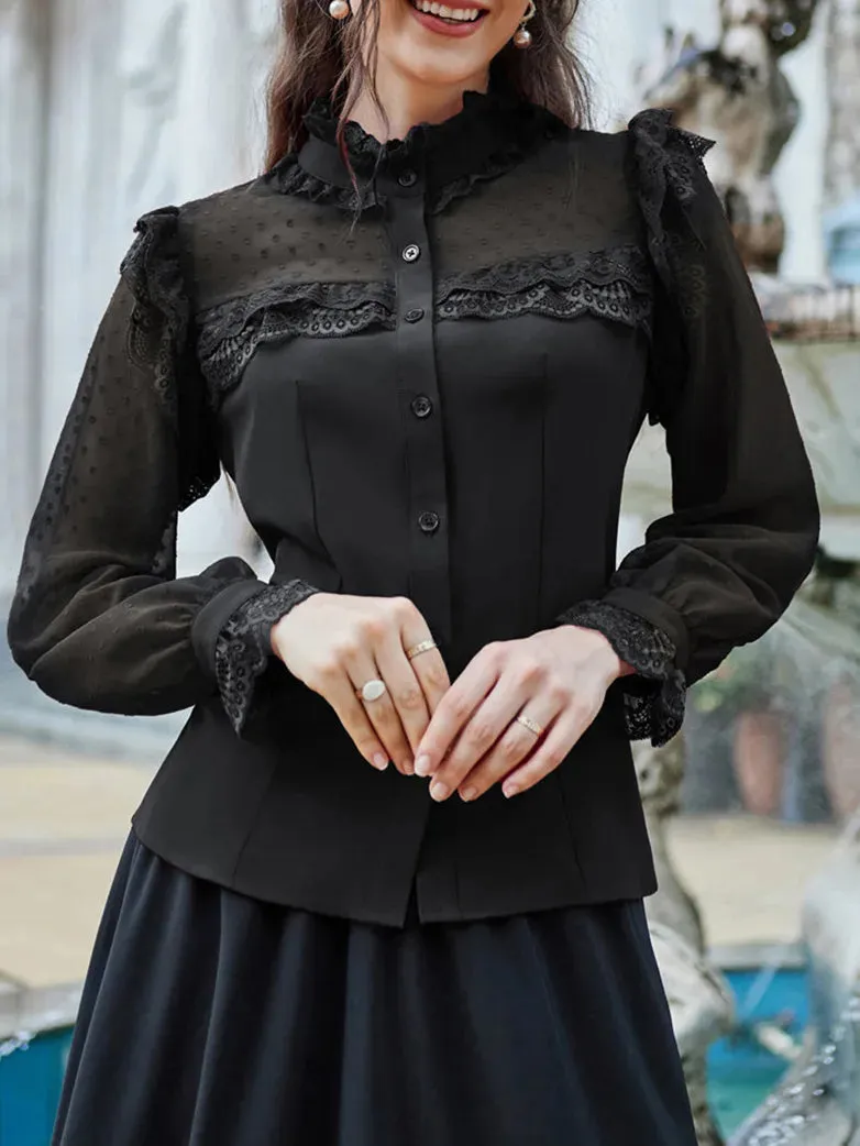 Victorian Gothic Mesh Patchwork Stand Collar Lace Tops