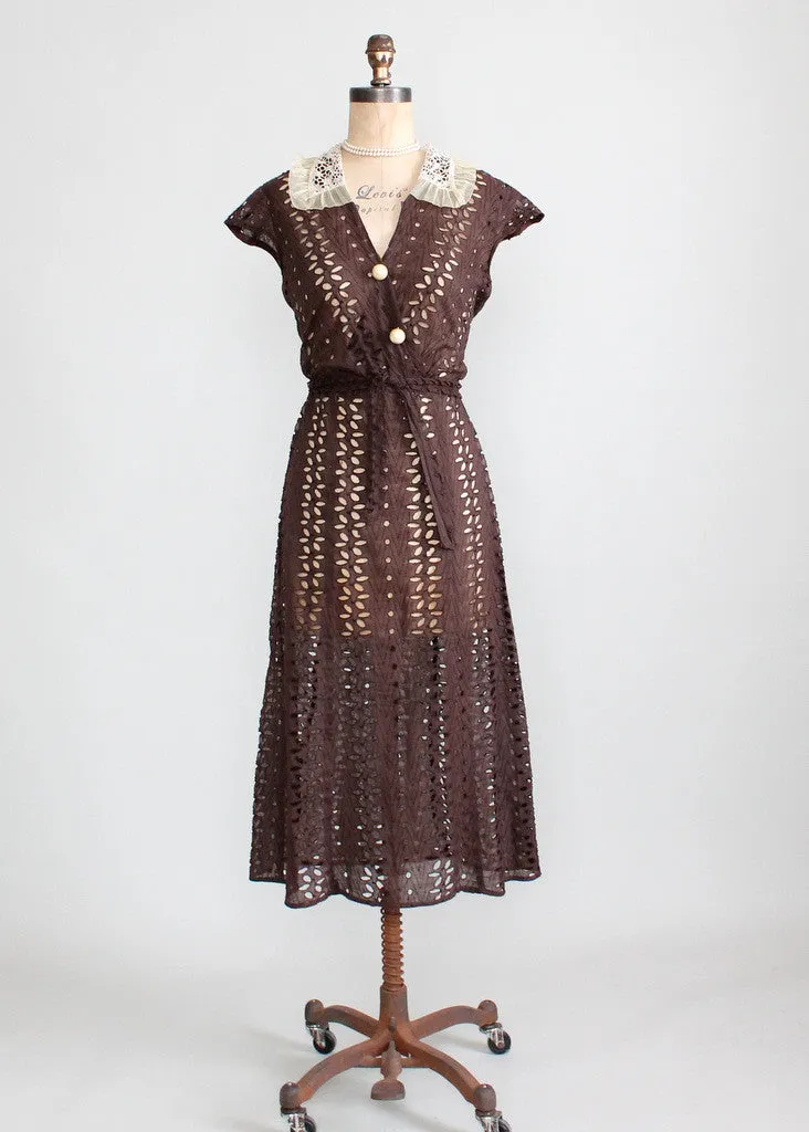 Vintage 1930s Brown Eyelet Day Dress