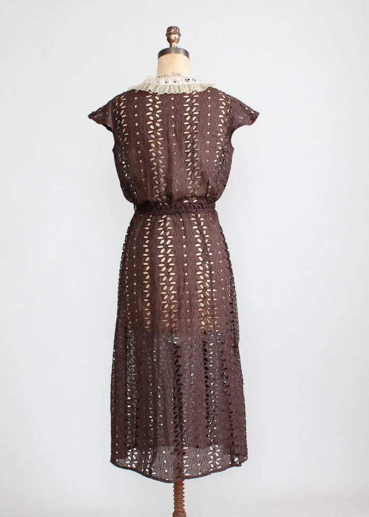 Vintage 1930s Brown Eyelet Day Dress