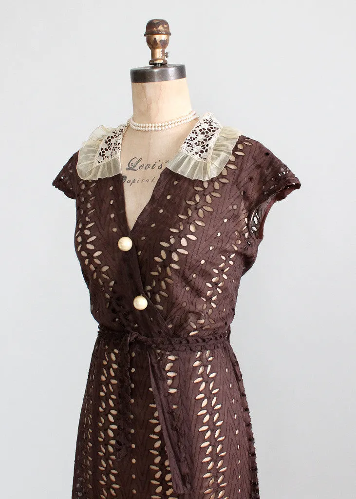 Vintage 1930s Brown Eyelet Day Dress