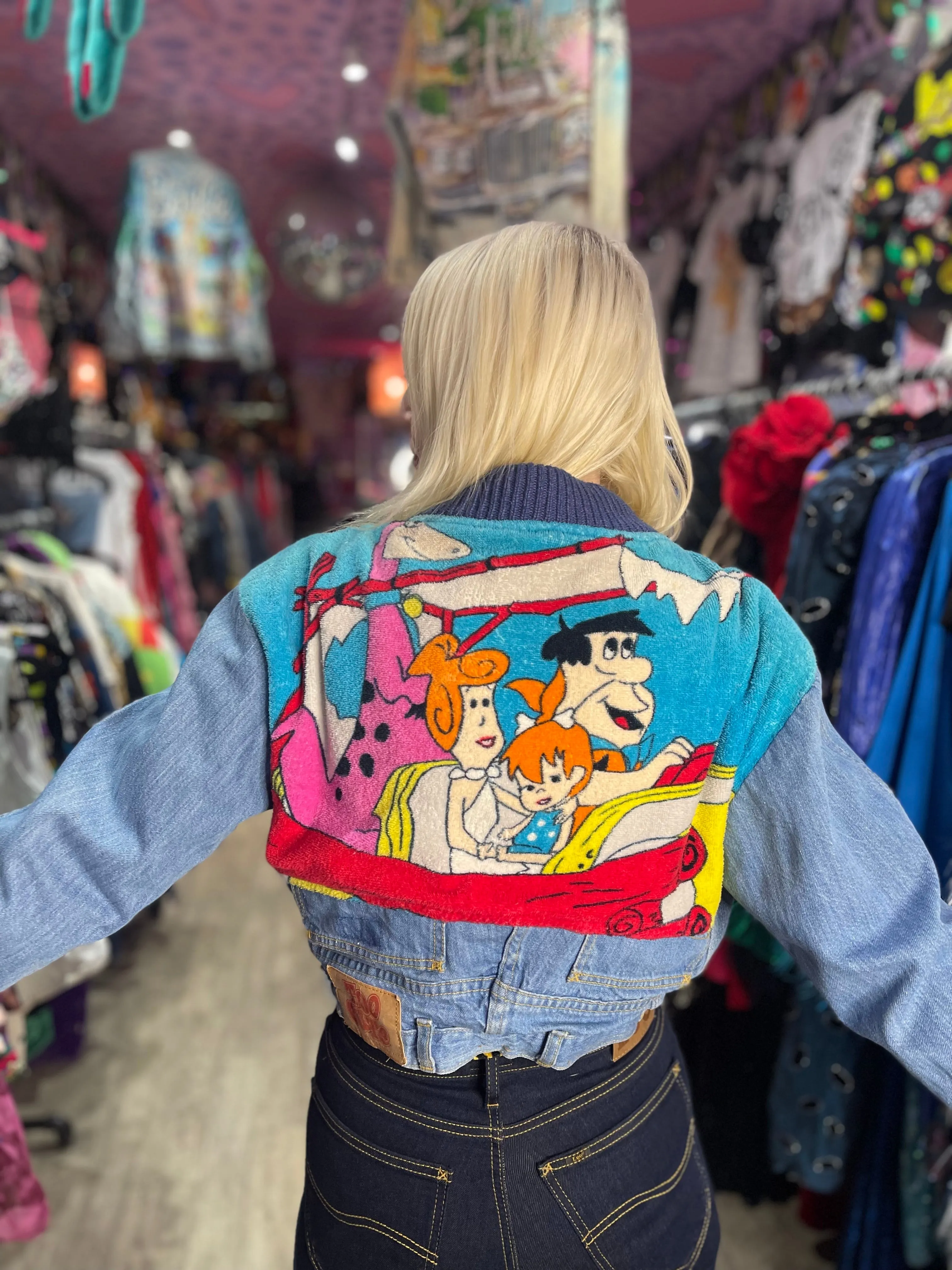 Vintage 80’s Cropped Patchwork Flintstones Jean Jacket