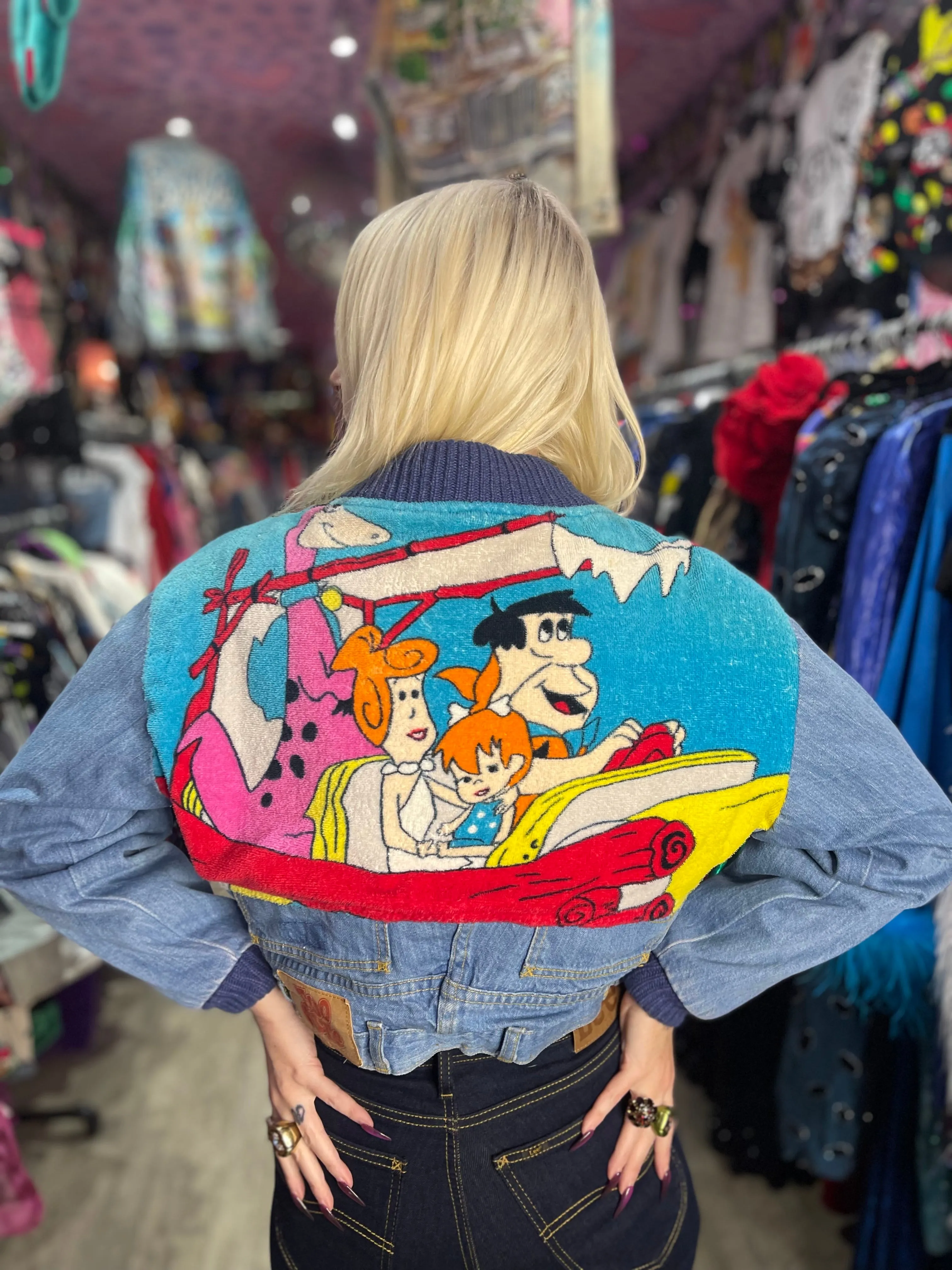 Vintage 80’s Cropped Patchwork Flintstones Jean Jacket