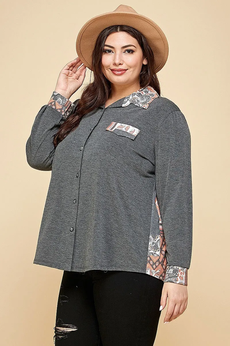 Voluptuous ( ) Plus Size Printed Patchwork Contrast Button Up Shirt