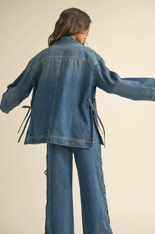 Waitlist 2/5 ♥ Kimber Long Sleeve Side Tie Oversized Denim Jacket Dark Wash