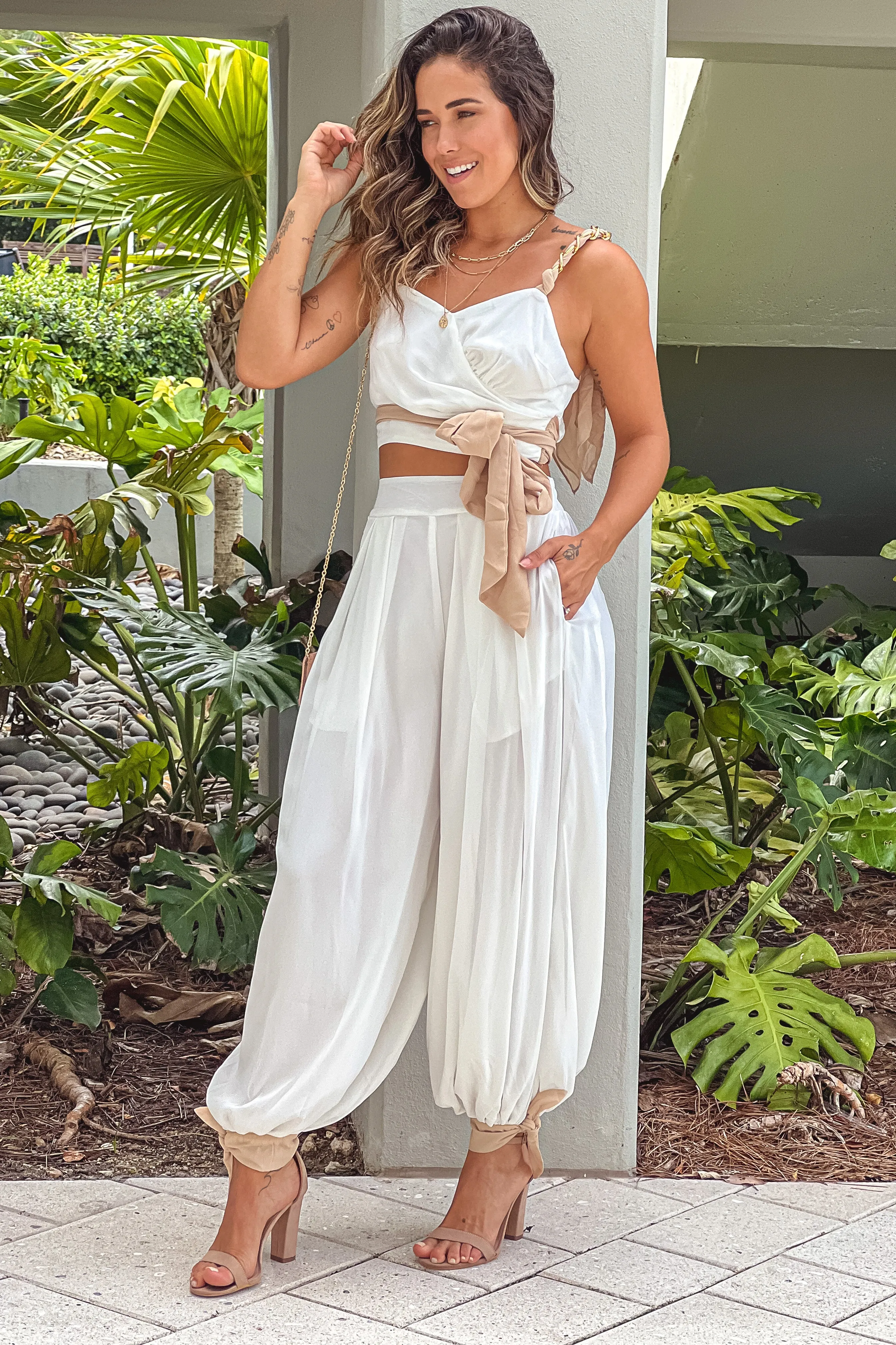 White And Taupe Top And Pants Set