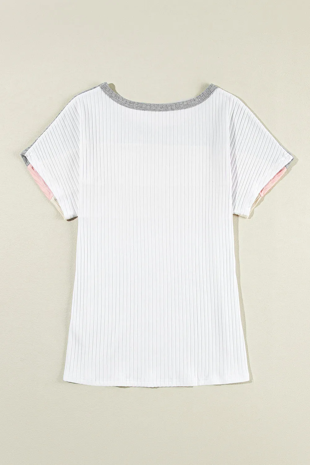 White Ribbed Color Block Patchwork T-shirt