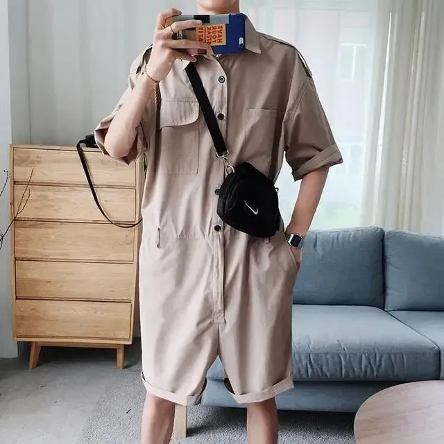 Wiaofellas  -  Fashion Men Playsuit Overalls Punk Hip Hop Korean Version Pocket Pant Loose Short Sleeve Rompers Youth Cargo Jumpsuit Streetwear