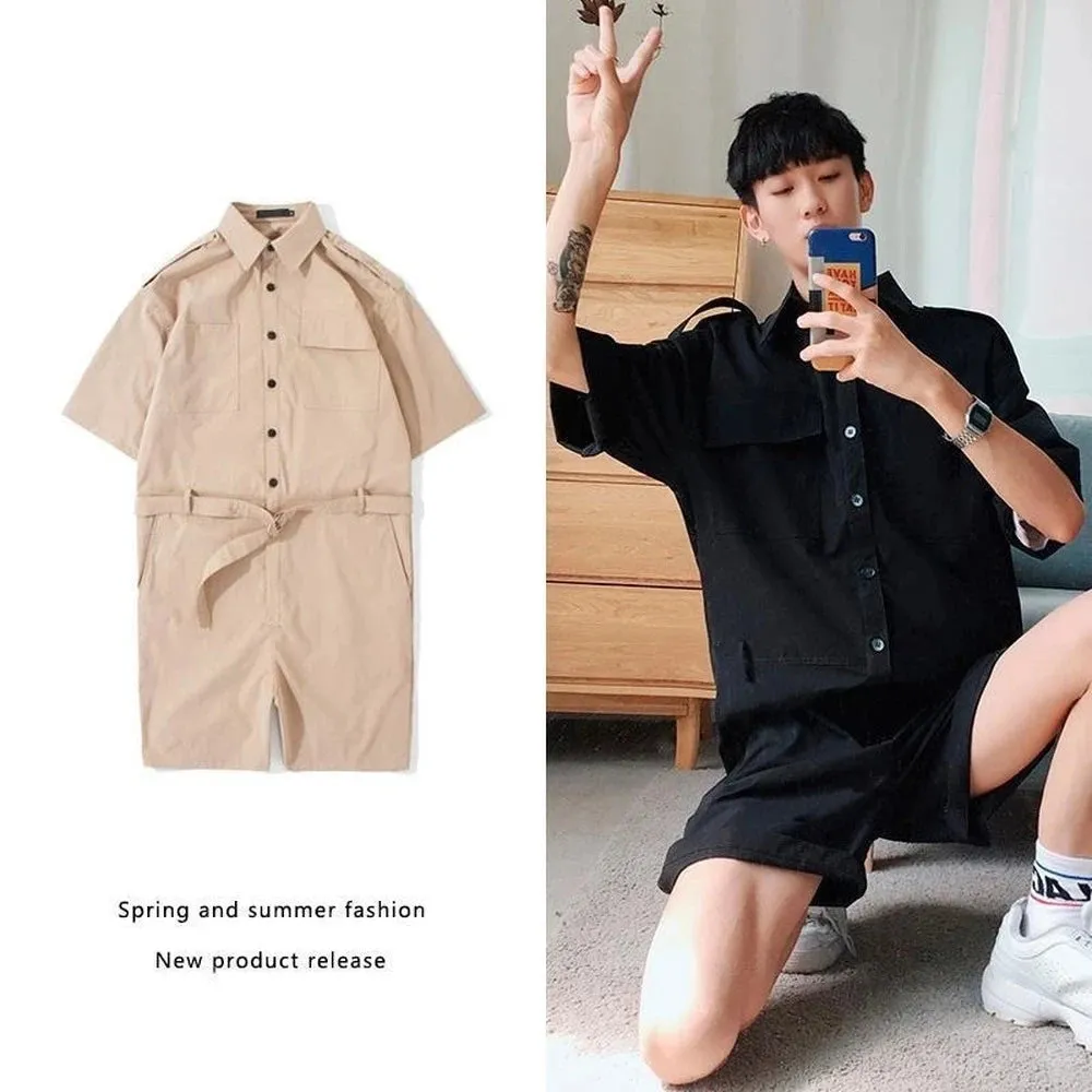 Wiaofellas  -  Fashion Men Playsuit Overalls Punk Hip Hop Korean Version Pocket Pant Loose Short Sleeve Rompers Youth Cargo Jumpsuit Streetwear