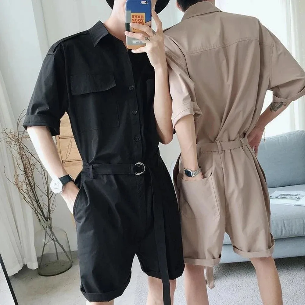 Wiaofellas  -  Fashion Men Playsuit Overalls Punk Hip Hop Korean Version Pocket Pant Loose Short Sleeve Rompers Youth Cargo Jumpsuit Streetwear