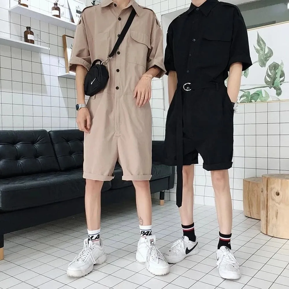 Wiaofellas  -  Fashion Men Playsuit Overalls Punk Hip Hop Korean Version Pocket Pant Loose Short Sleeve Rompers Youth Cargo Jumpsuit Streetwear