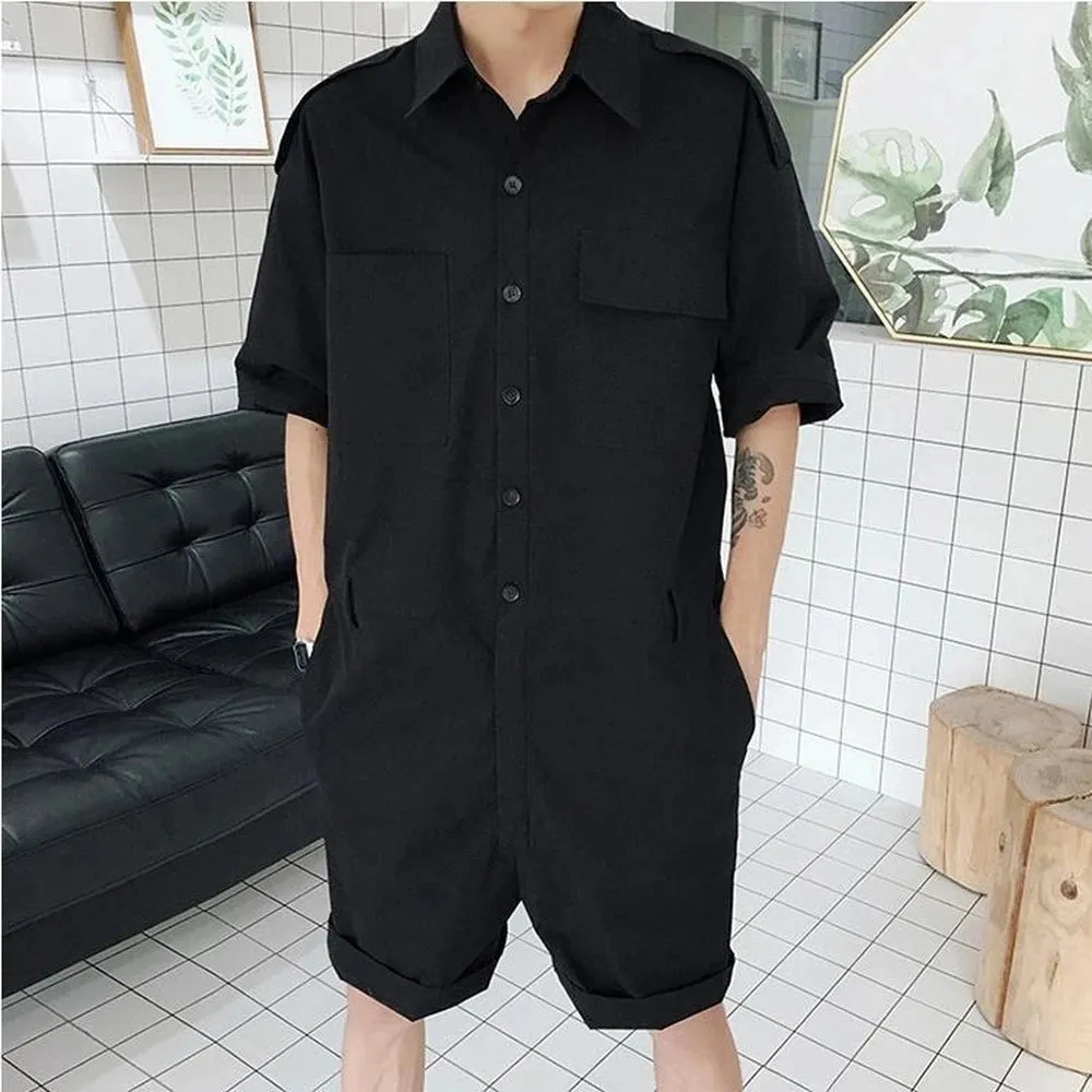 Wiaofellas  -  Fashion Men Playsuit Overalls Punk Hip Hop Korean Version Pocket Pant Loose Short Sleeve Rompers Youth Cargo Jumpsuit Streetwear