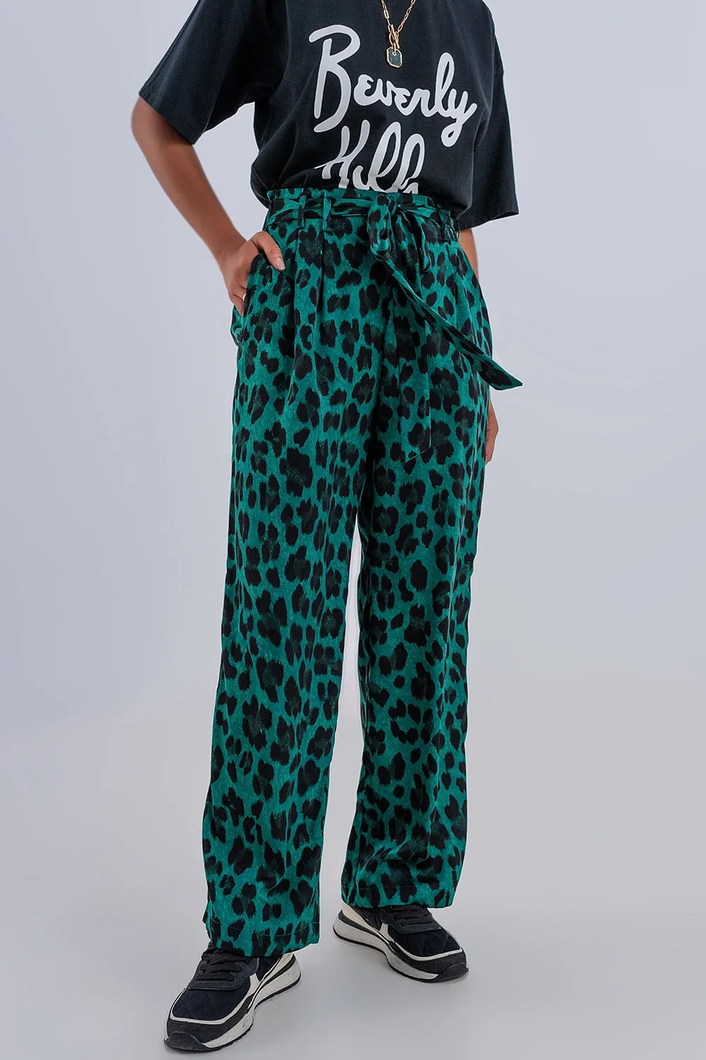 Wide Leg Pants in Green Leopard Print