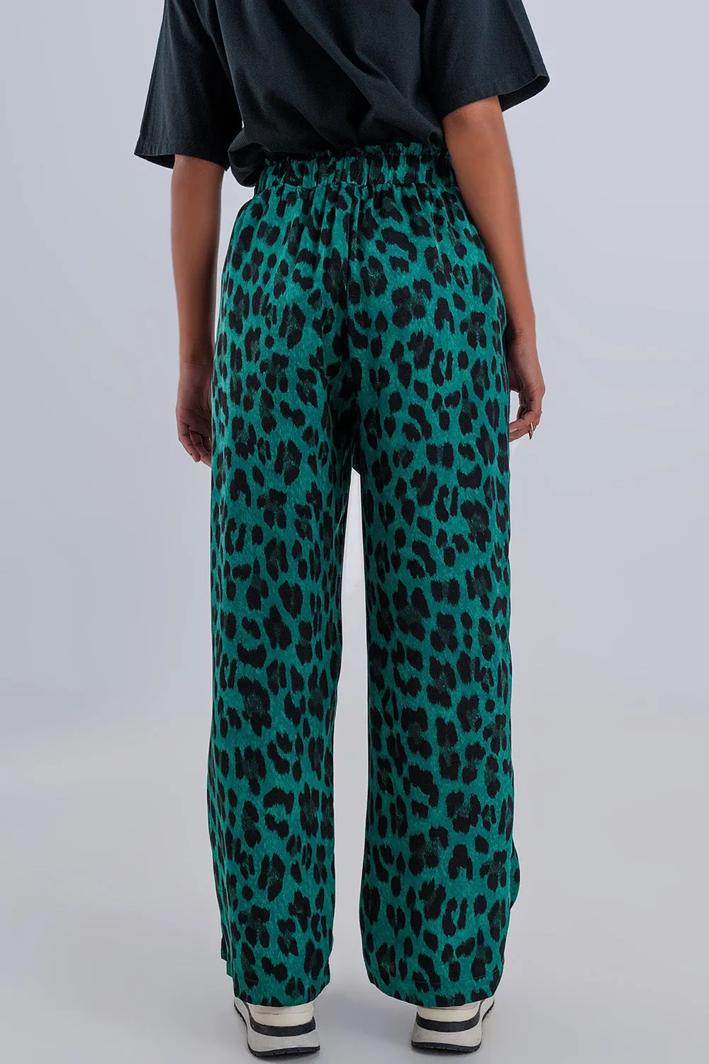 Wide Leg Pants in Green Leopard Print