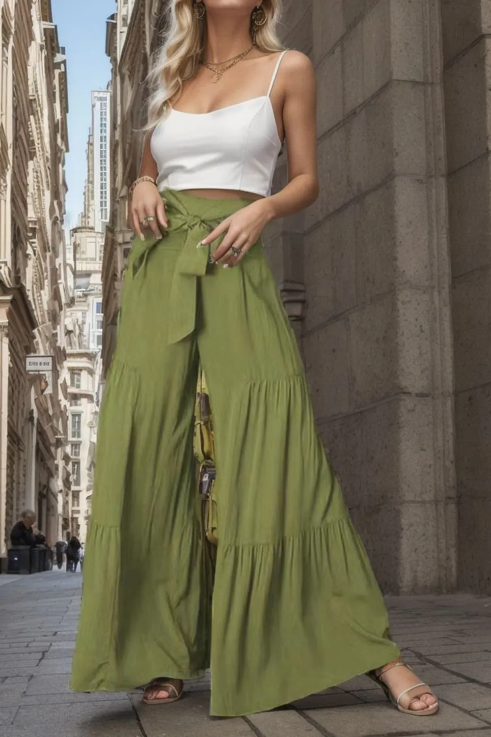 Wide Leg Pants Women's Boho Tied Waist Loose Fit Flowy Bell bottom Pants