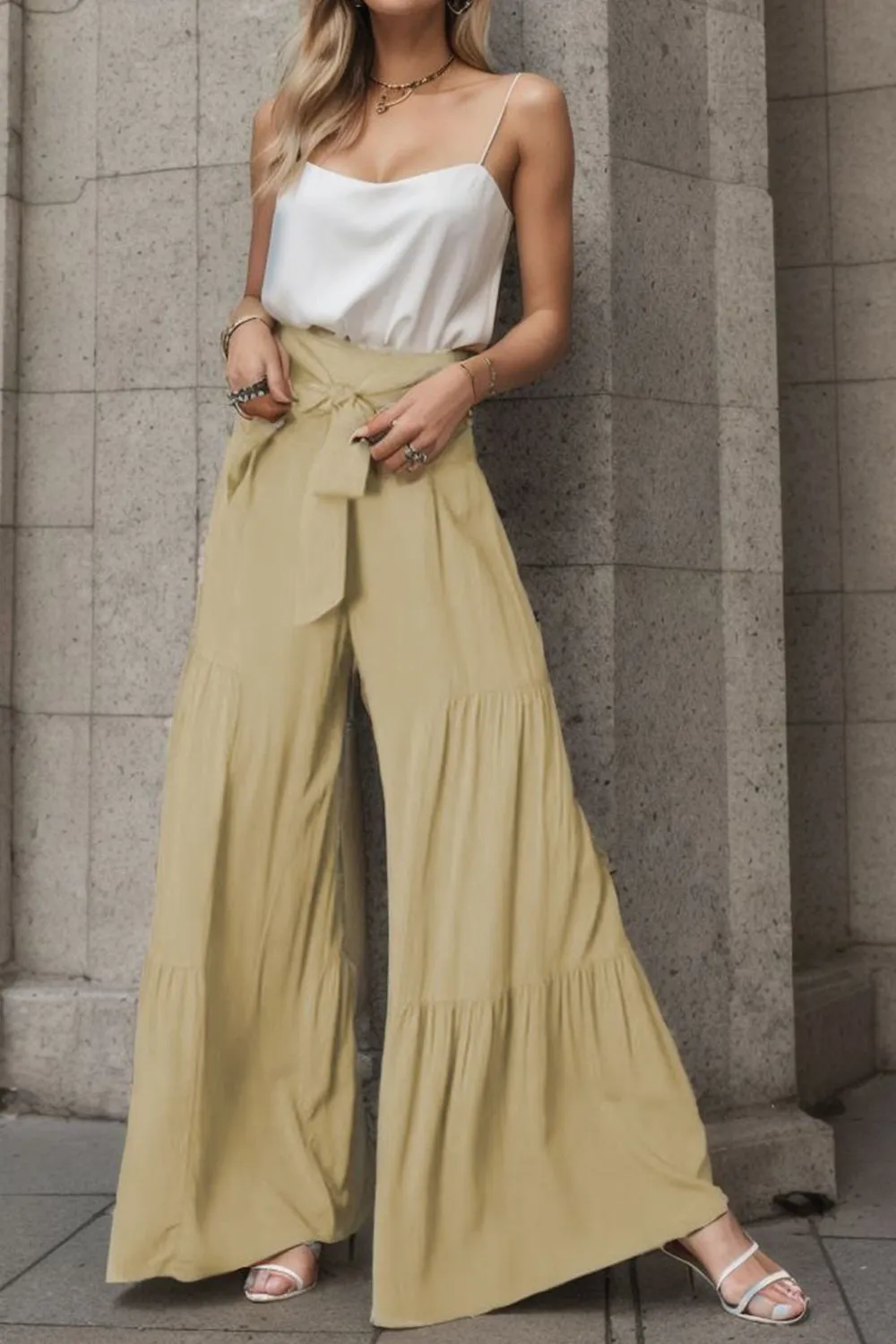 Wide Leg Pants Women's Boho Tied Waist Loose Fit Flowy Bell bottom Pants