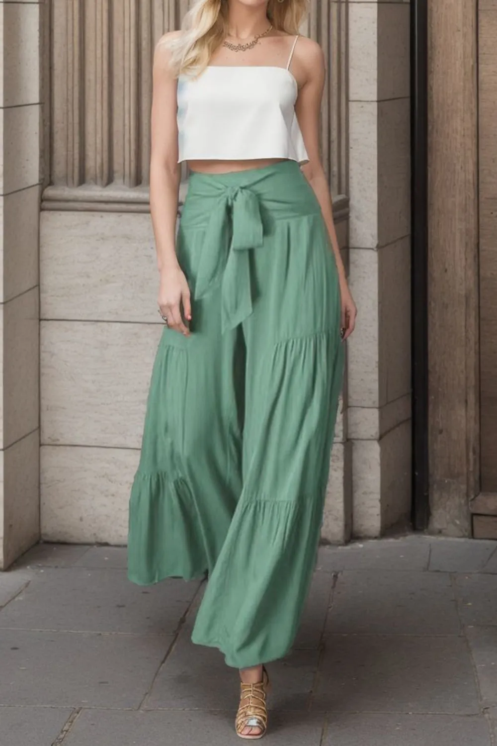 Wide Leg Pants Women's Boho Tied Waist Loose Fit Flowy Bell bottom Pants