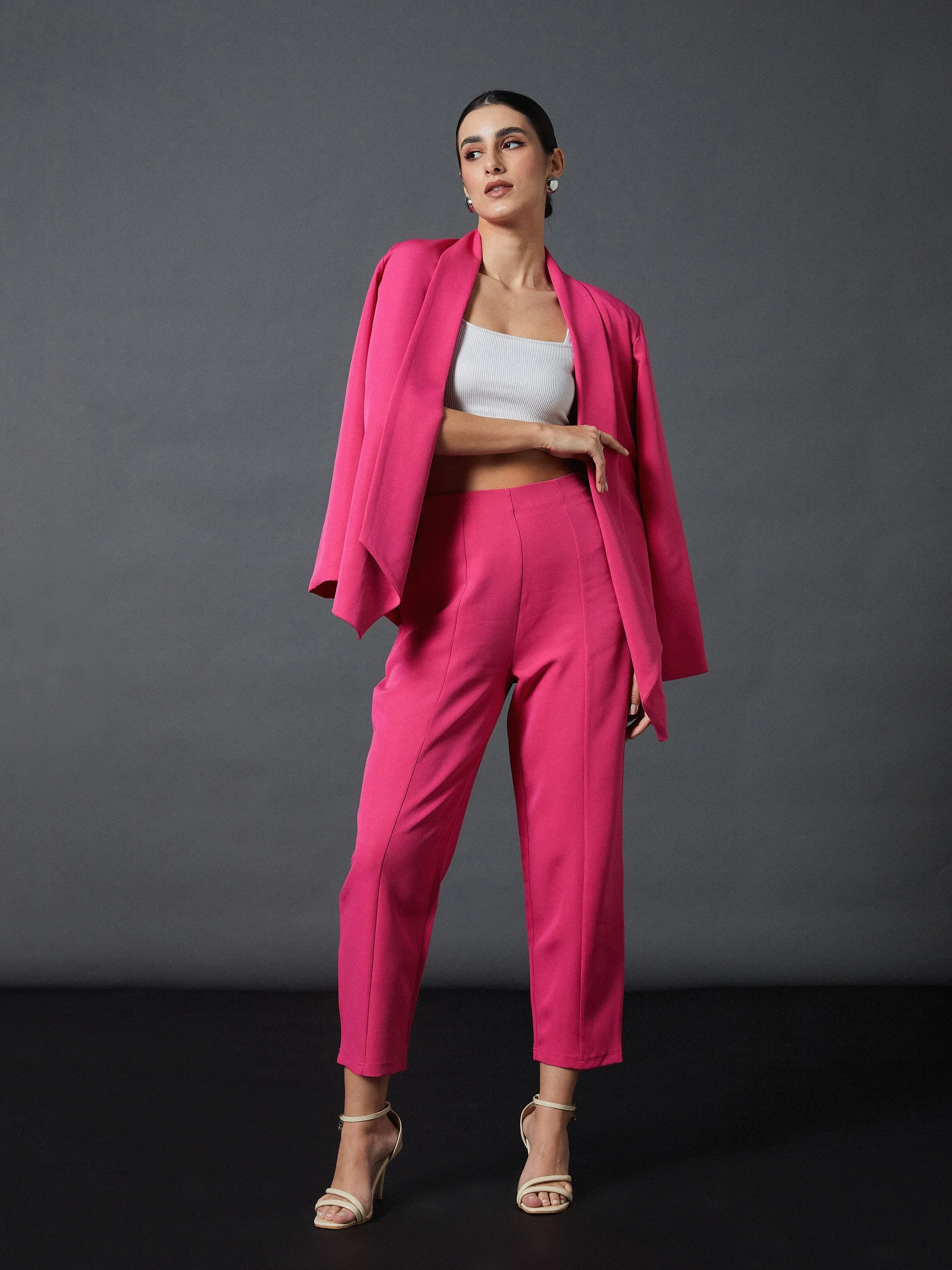 Women Pink Shawl Collar Blazer With Balloon Fit Pants