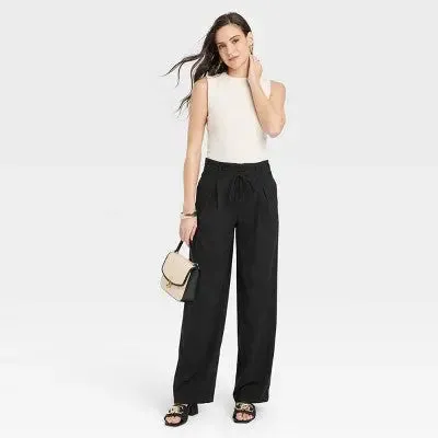 Women's High-Rise Wrap Tie Wide Leg Trousers - A New Day Black 2