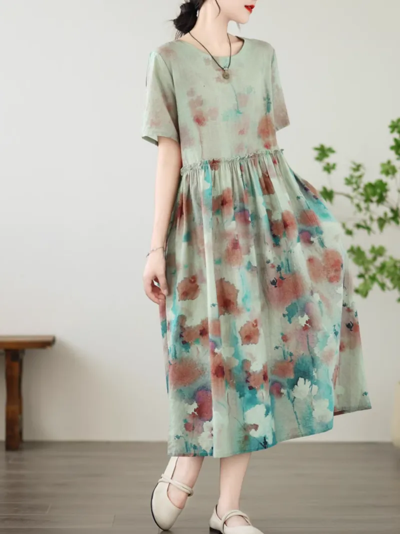 Women's Stylish and Versatile  Printed Mid-Length Loose A-Line Dress