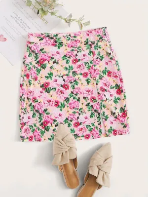 Zipper Side Split Hem Floral Skirt